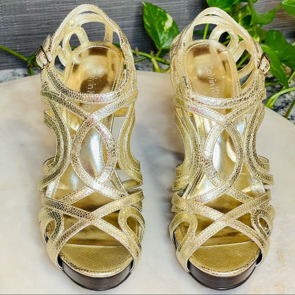 Calvin Klein Dylan Gold Pewter Leather Stiletto 6M
